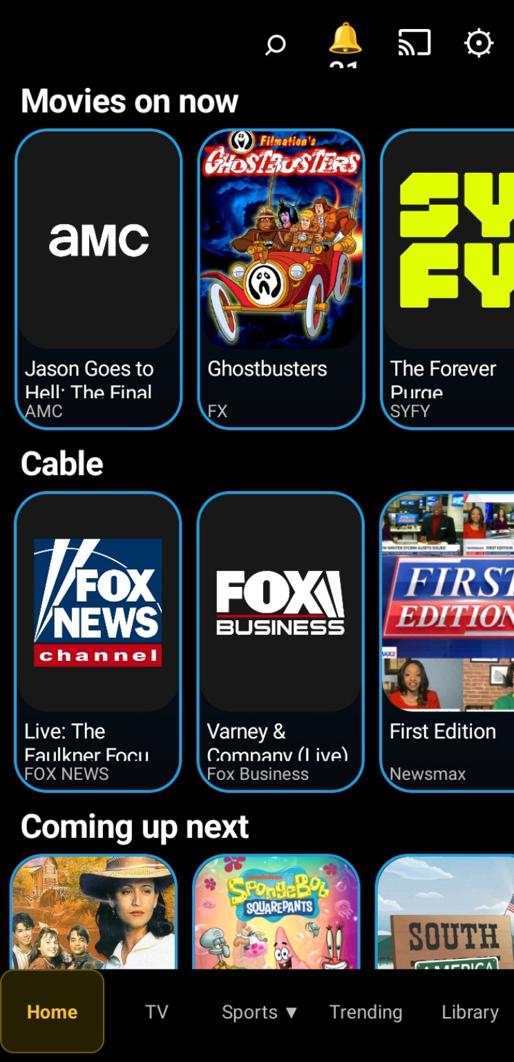 EPIC Live home displaying movies on now, cable channels, and coming up next