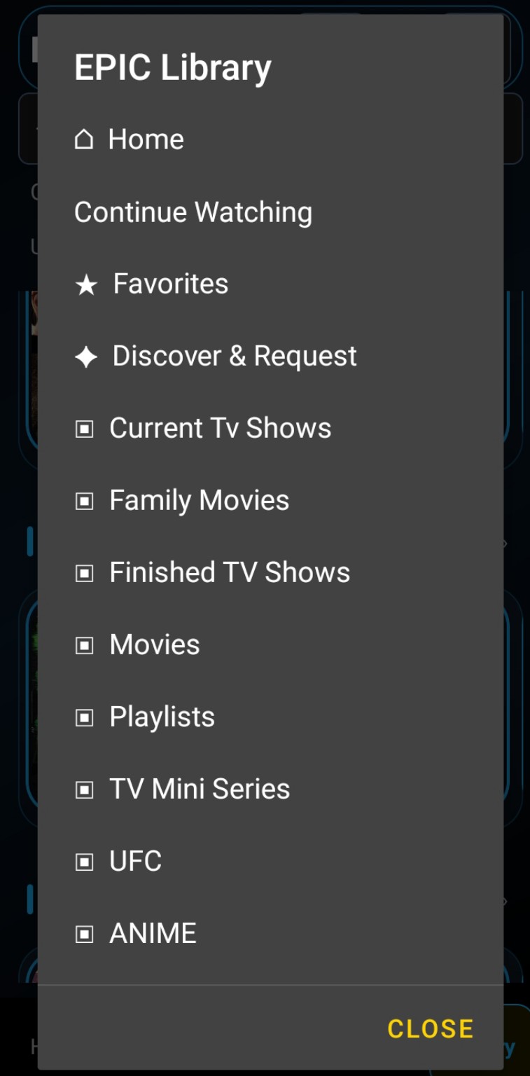 EPIC Library categories including Movies, TV Shows, Playlists, UFC and Anime