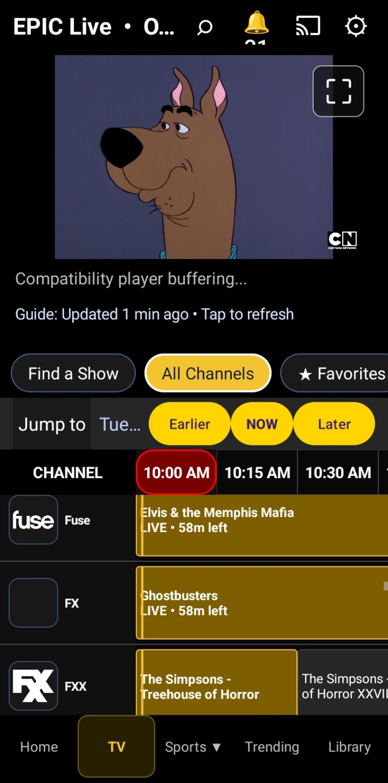 EPIC Live channel guide with Cartoon Network, Disney Channel, and Disney Junior